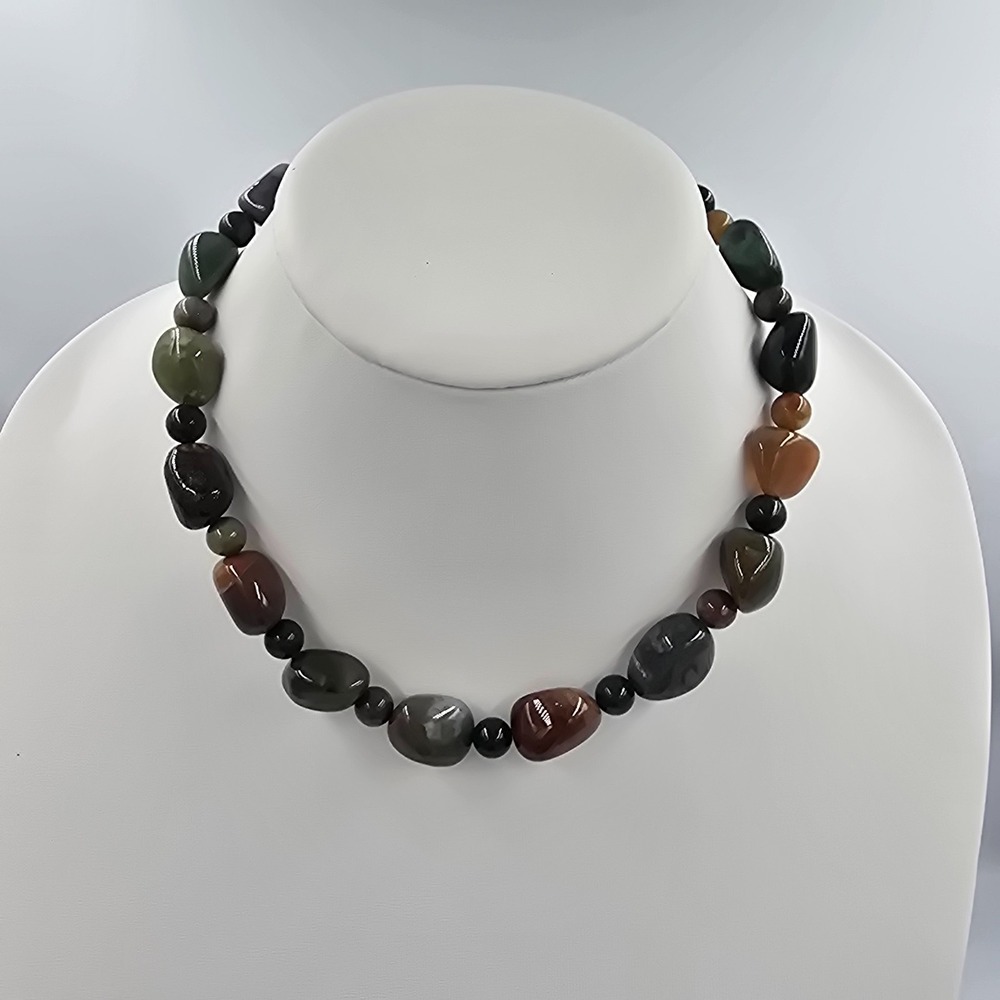 Polished Gemstone Beggars Bead Necklace Chunky Choker 16" - Picture 3 of 6